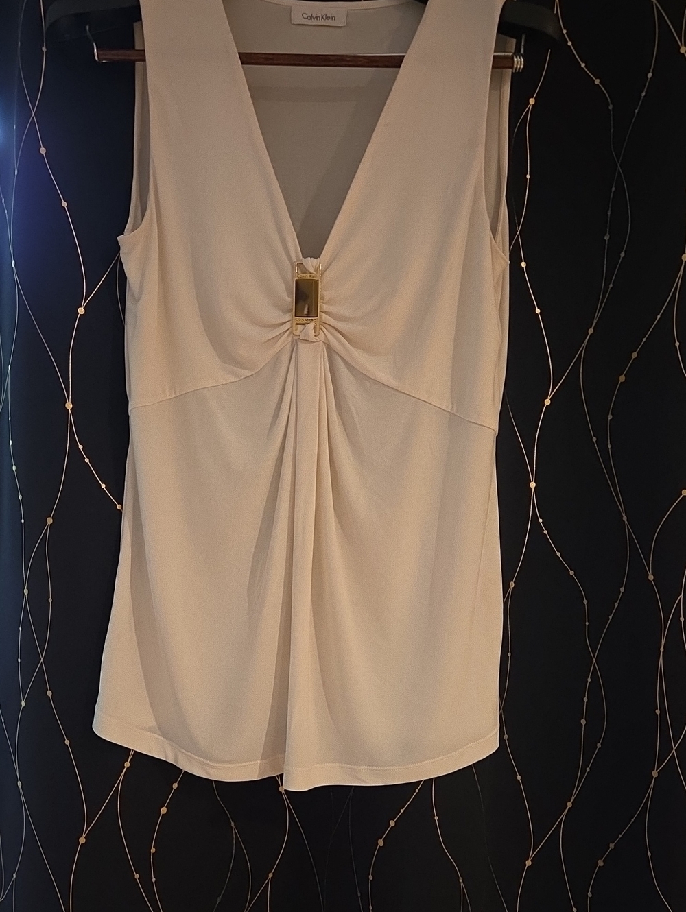 Calvin Klein Cream V-Neck Sleeveless Top with Gold Accent